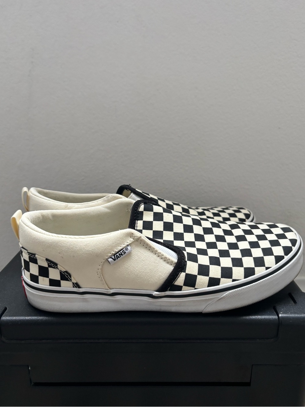 Vans Women's Classic Slip-On Checkerboard Design Sneakers - Black & Cream